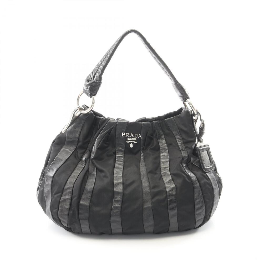Prada Striped Handbag Leather Black